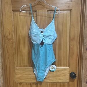 Green and White Swimsuit with Cutout